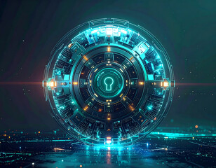 Obraz premium Futuristic Cyber Security 3D Render of a Glowing Data Encryption Sphere on a Digital Landscape