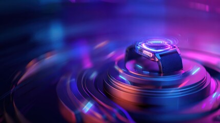 Futuristic wristwatch displayed in a vibrant, swirling neon environment with dynamic lighting effects