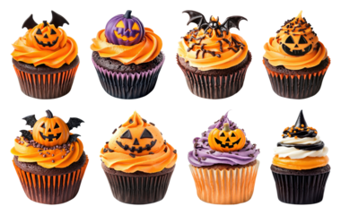 Halloween-themed cupcakes with decorations.