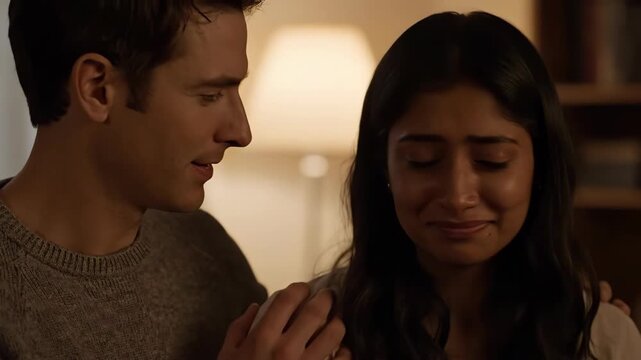 A caring man comforting a sad, crying woman. Supportive partner offering empathy during a difficult time. Relationship support and emotional vulnerability concept