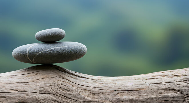 Perfectly balanced zen stones stacked on a rustic wooden log, creating a tranquil and harmonious scene in a blurred natural green background, symbolizing peace and equilibrium - Powered by Adobe
