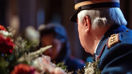 A military official honors fallen heroes by placing flowers at a memorial service