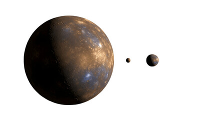 Close-up view of Mercury and other rocky planets aligned in deep space, showing detailed cratered surfaces and textures. Realistic 3D illustration of inner planets in the solar system.