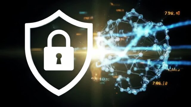 Digital security concept with a glowing shield and padlock symbol next to a complex network structure on a dark background, symbolizing data protection and cyber defense