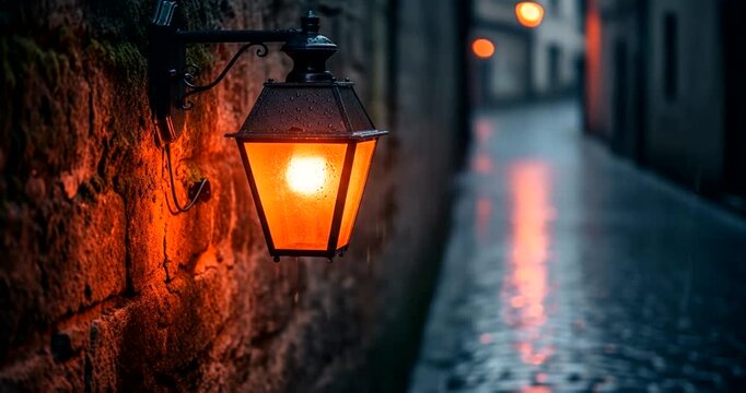 Vintage street lantern illuminating a cobblestone alley at dusk, with rain