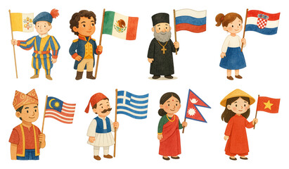 Children holding various national flags.