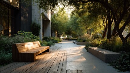 Obraz premium Urban Oasis: A Serene Pathway Through Architecture and Verdant Greenery