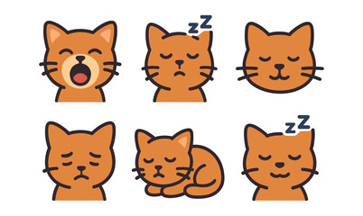 Obraz premium Cute cat emoji set featuring sleepy and yawning expressions in flat style