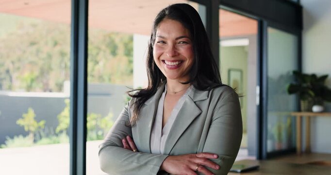 Woman, face and realtor with arms crossed for business, company about us and happy for career. Estate agent, confident or smile at agency for representative, friendly service or property management
