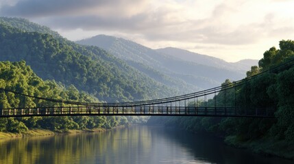 Fototapeta premium Serene landscape featuring a suspension bridge over a calm river surrounded by lush green mountains