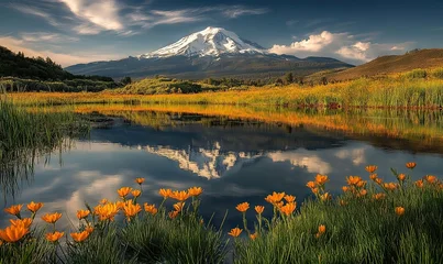 Wanddecoratie Reflectie A serene landscape featuring a snow-capped mountain reflected in a calm lake, surrounded by yellow wildflowers and grassy fields  © DnQajik