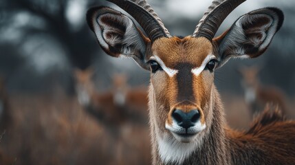Fototapeta premium Detailed portrait of a female Nile Lechwe antelope in its natural habitat