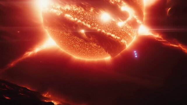 A glowing spaceship dives past a red giant star, plasma waves crashing like oceans