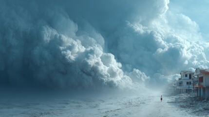 A Lone Figure Faces a Colossal Dust Storm Approaching a Coastal Townscape