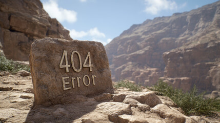 404 Error stone sign in rocky landscape, surrounded by mountains and greenery, evokes sense of confusion and curiosity in natural setting