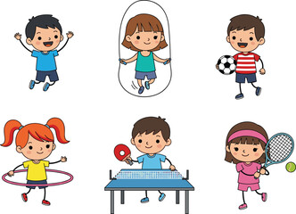 Cartoon children doing sports, physical activity illustration, fitness fun, playful kids, active lifestyle, exercise icons, colorful design, healthy movement