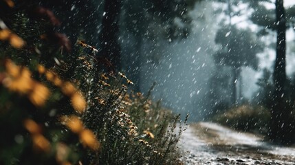 Serene Snowy Path Through Woodland, Nature's Beauty in a Winter Storm