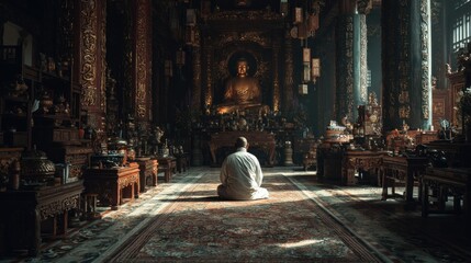A solitary monk meditates before an ancient Buddha statue in a temple