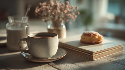 Calming morning scene featuring coffee, baked treat, and a peaceful aesthetic
