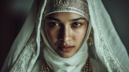 Portrait of a serene woman in traditional attire embodying understated elegance