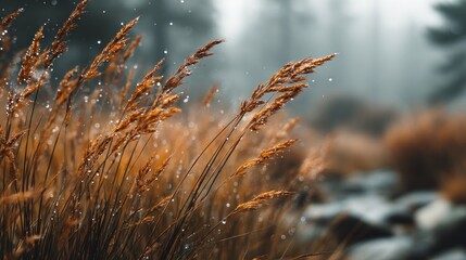 Delicate blades of grass adorned with dewdrops, bathed in ethereal light