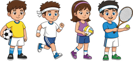 Cartoon children playing sports, soccer, running, volleyball, tennis, active kids, colorful outfits, healthy lifestyle, fun exercise, outdoor activity, teamwork