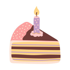 Slice of layered cake with a lit candle on top. Chocolate, cream, pastel colors. Celebration theme. Vector illustration, Happy Birthday card 