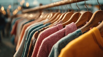 Rack Focus on Fashionable Apparel Displayed on Wooden Hangers in Clothing Store
