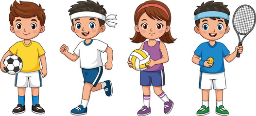 Cartoon children with sports gear, soccer, running, volleyball, tennis, active kids, fitness, colorful outfits, teamwork, healthy lifestyle, playtime