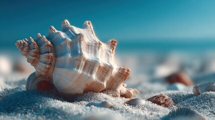Intricate seashell nestled on a pristine beach in warm sunlight splendor