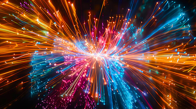 Abstract long exposure photo of colorful light trails resembling festive fireworks. Bright neon orange, pink and purple glowing lines create dynamic energy and holiday celebration mood.