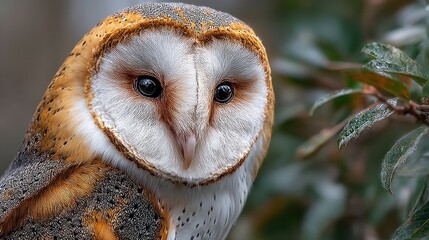 Captivating gaze of a barn owl in its natural habitat and blurry foliage