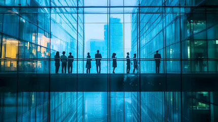 People working inside a modern office building.