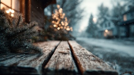 Serene Winter Evening Scene: A Wooden Bench Under Gentle Snowfall with tree