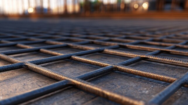 Close-up view of a textured metal grid on the ground, with a blurred background of an industrial setting - Powered by Adobe
