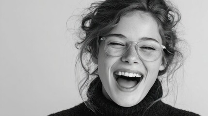 Monochrome portrait of exuberant young woman laughing with glasses on