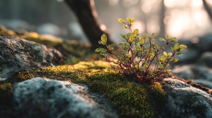 Resilient sprout emerging from mossy rock in the soft morning light nature