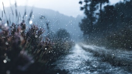 Mystical rainfall on a rural path, nature embracing inclement weather scene