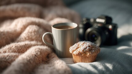 Cozy still life with beverage, confectionery, and camera equipment arrangement