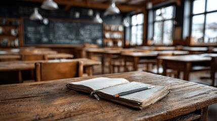 Nostalgic classroom scene: a worn notebook and pencil on an old wooden desk
