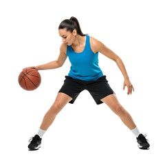 Naklejka premium Woman dribbling a basketball in a blue tank top and black shorts isolated on transparent background