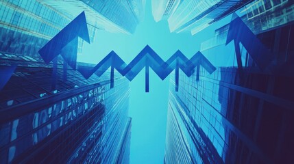 Naklejka premium Upward arrows above city skyscrapers, growth concept, financial success