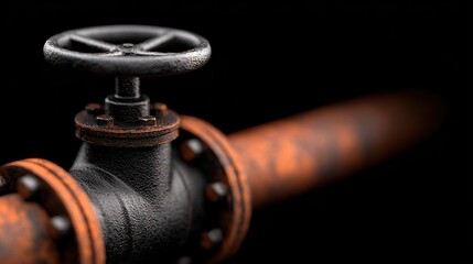 Close-up view of an industrial valve with a rusty pipe, showcasing its mechanical details against a dark backdrop