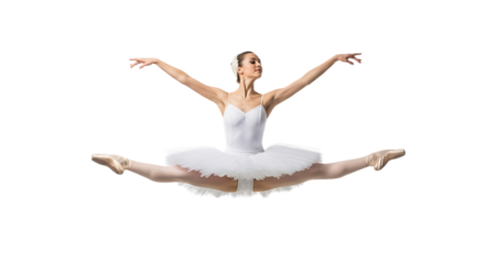 Ballerina in white tutu performing a grand jet isolated on transparent background