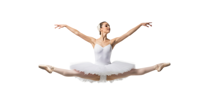 Ballerina in white tutu performing a grand jet isolated on transparent background