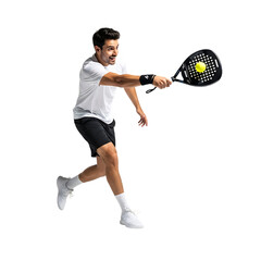 Man playing padel tennis hitting the ball with a racket isolated on transparent background
