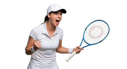 Excited female tennis player shouting victory isolated on transparent background