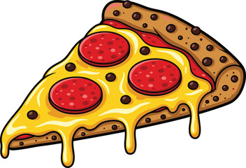 Cartoon pizza slice, melted cheese, pepperoni topping, thick crust, tasty snack, food illustration, gooey texture, appetizing design, fun artwork