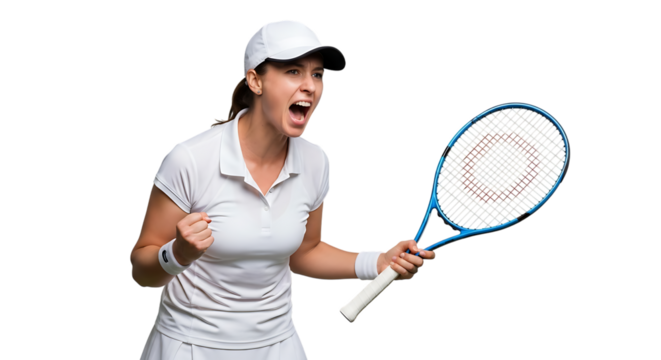 Excited female tennis player shouting victory isolated on transparent background