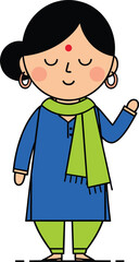 Cartoon South Asian character, traditional outfit, blue kurta, green pants, cultural attire, bindi, graceful pose, artistic illustration, smiling figure